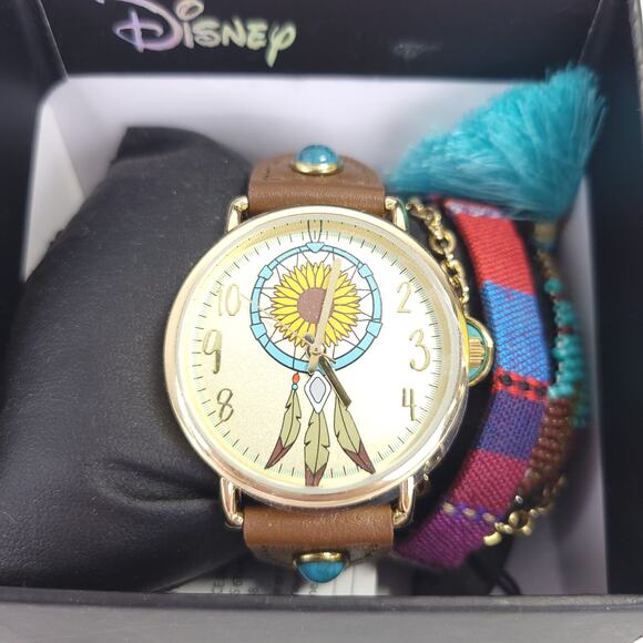 Disney NEW Pocahontas Brown Leather Watch Bracelet Set Beaded Tassel Teal - Picture 2 of 8